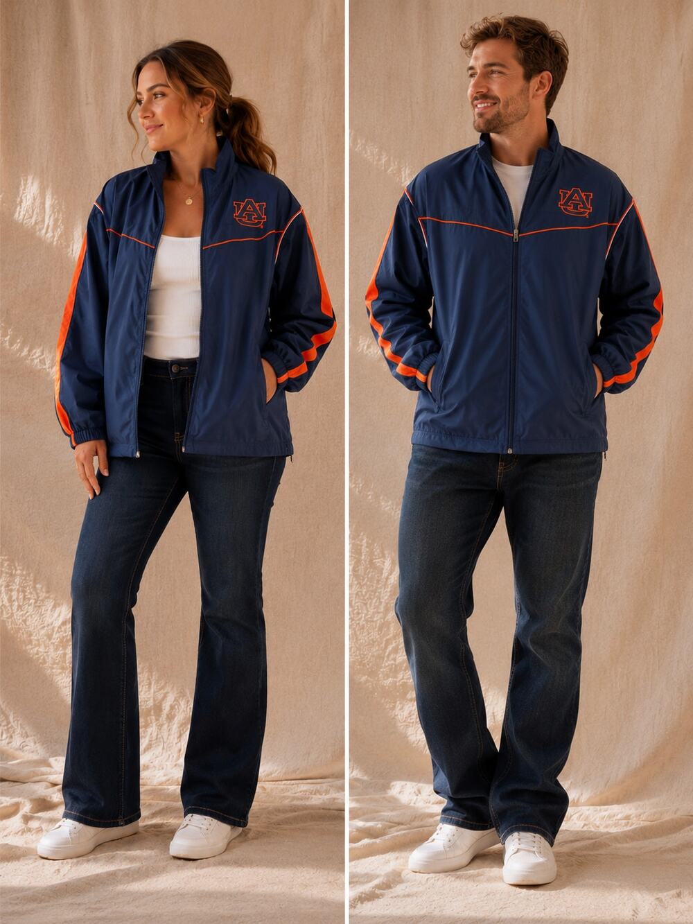 Auburn Tigers Navy Orange Rain Jacket Large Full Zip Lightweight Hidden Hood